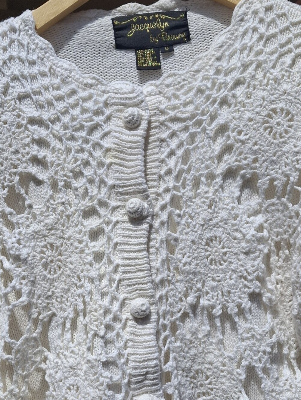 Vintage Jacquelyn by Browne Crochet Cardigan Sweater Ivory Button-Up Small - Picture 7 of 14